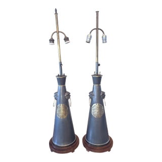 Pair of 1940s Hollywood Regency/Chinoiserie Style Pewter Lamps For Sale