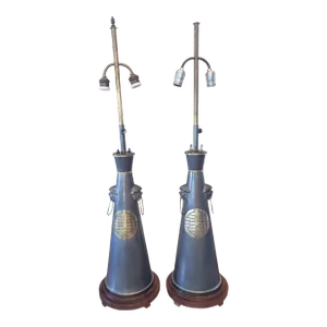 Pair of 1940s Hollywood Regency/Chinoiserie Style Pewter Lamps