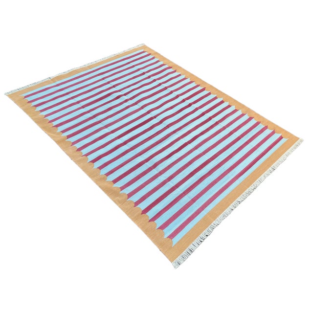 Mid-Century Modern Handmade Cotton Area Rug Vegetable Dyed Sky Blue, Pink and Tan Striped Rug-12'x15' For Sale - Image 3 of 11