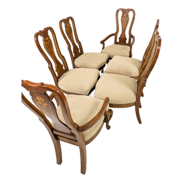 Set of 6 Vintage Gilt-Inlaid Dining Chairs 2 Armchair + 4 Side Chairs With Gold Scrollwork, Cabriole Legs & French Provincial Sty For Sale