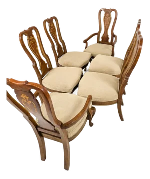 Set of 6 Vintage Gilt-Inlaid Dining Chairs 2 Armchair + 4 Side Chairs With Gold Scrollwork, Cabriole Legs & French Provincial Sty