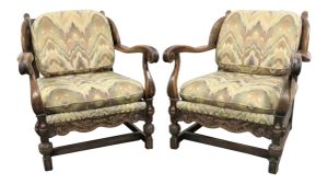 Jacobean Carved Oak Wing Back Club Chairs - a Pair