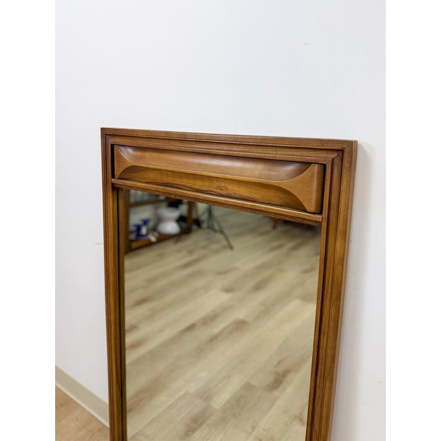 Brown Vintage MCM Walnut Wood Mirror, Bowtie Detail Rectangle Wall Mirror Mid Century For Sale - Image 8 of 8