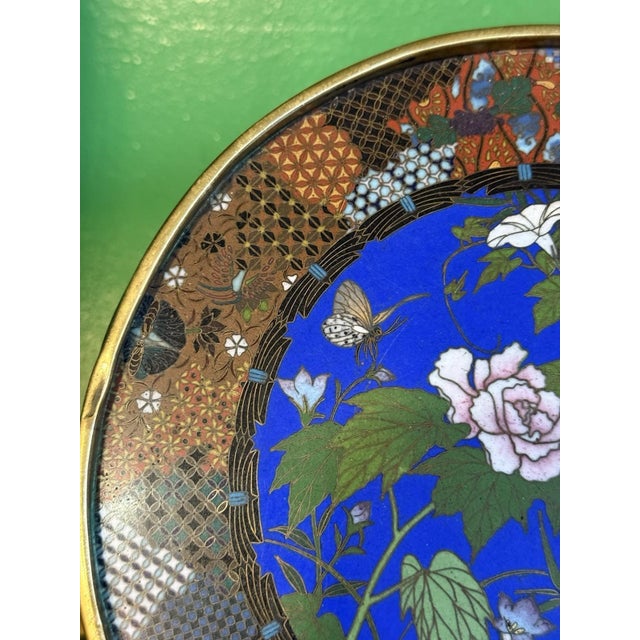 Fine Japanese Cloisonne Enamel Plate With Butterflies Morning Glories Goto For Sale - Image 9 of 12