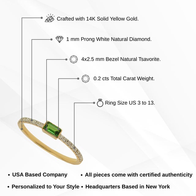 Minimalist Baguette-Cut Tsavorite & Diamond Pave Band Ring in 14k Yellow Gold Size 9 For Sale - Image 12 of 15