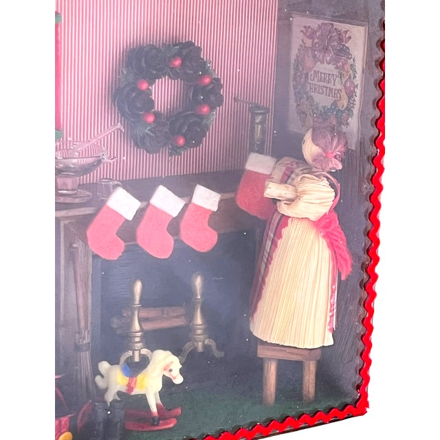 1990s Vintage Handmade Christmas Diorama Shadow Box With Miniature Holiday Stocking by the Fire Scene. For Sale - Image 5 of 13