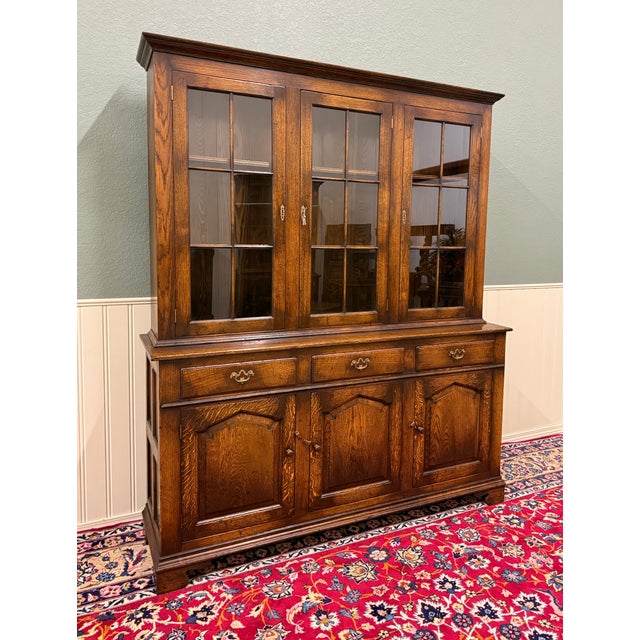 Antique English Large Bookcase Cupboard Cabinet Triple Door Glass Oak C. 1930s For Sale - Image 13 of 18