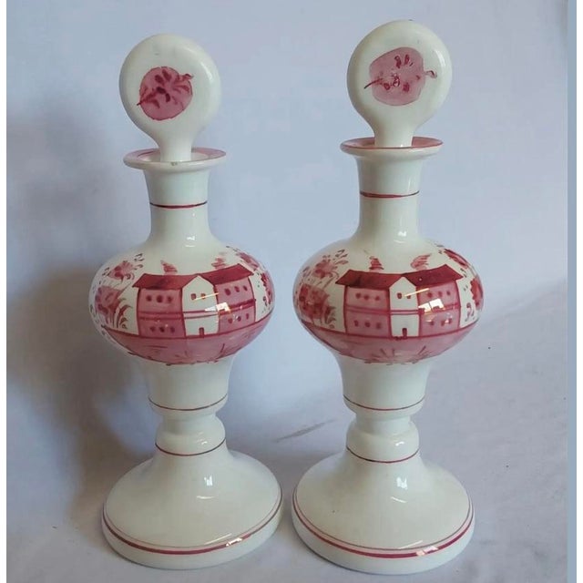 English Antique Bohemian Opaline Milk Glass Perfume Bottles, Hand-Painted Enamel, Pair C. 1880–1900 For Sale - Image 3 of 6