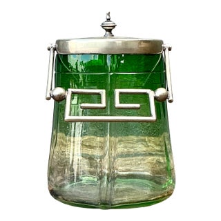 Vintage Green Glass and Metal Ice Bucket For Sale