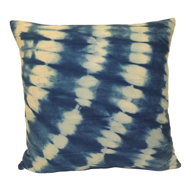 Vintage African Blue and White Shibori Pattern Square Decorative Pillow 19 X 19 For Sale