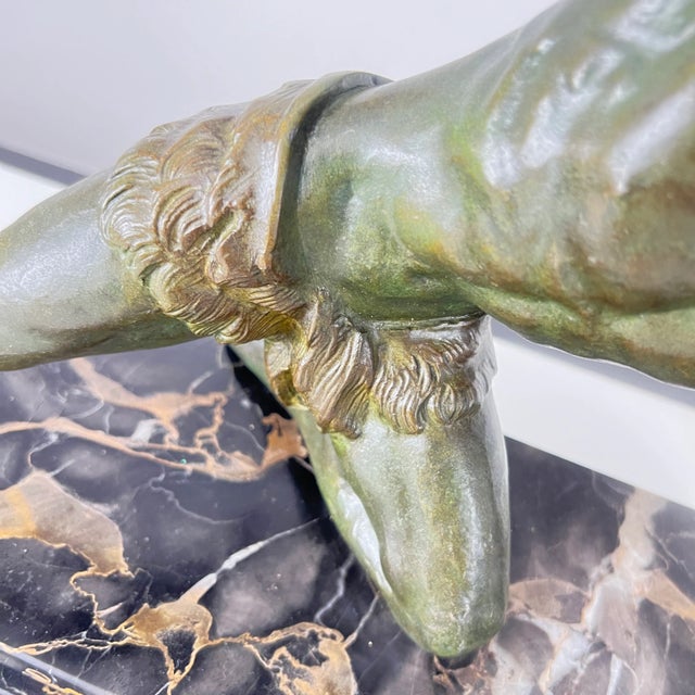 Green Art Deco Male Sculpture, Spelter, Marble, France circa 1930 For Sale - Image 8 of 14