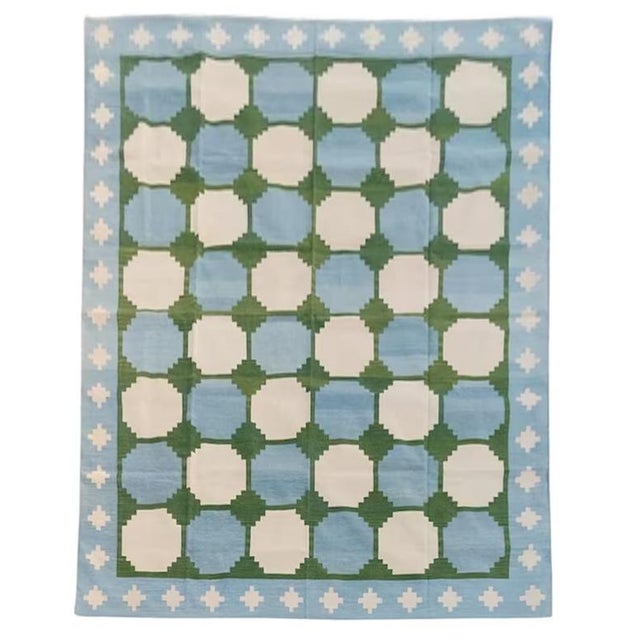 Mid-Century Modern Handmade Woolen Flat Weave Swedish Pattern Sky Blue and Forest Green Area Rug - 9'x14' For Sale - Image 3 of 17