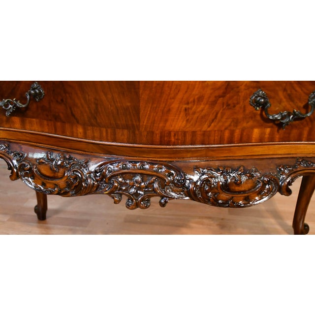 Wood Antique 1920 Louis XV Burl Walnut Lowboy Chest Banded Satinwood Carving Two Drawers For Sale - Image 7 of 11
