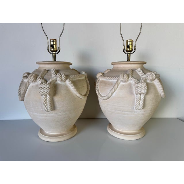 Vintage John Dickinson-Style Faux Rope and Tassel Plaster Table Lamps - a Pair For Sale - Image 4 of 12