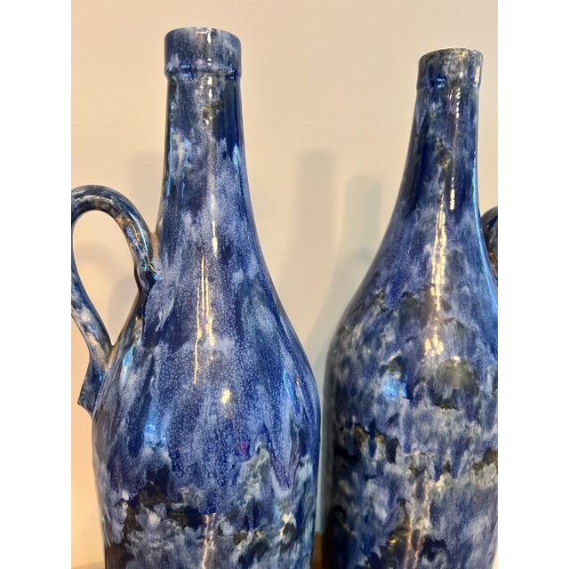Mediterranean Vintage Mid-Century Stoneware Capri Jugs / Pitchers Coastal Blue Hues- Set of 2 For Sale - Image 3 of 10