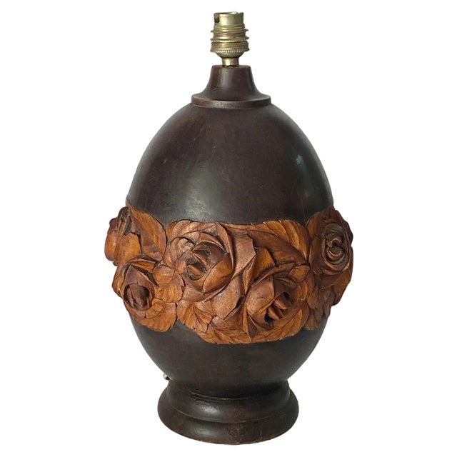 Art Deco Wood Hand Carved Table Lamp, France, 1940s For Sale