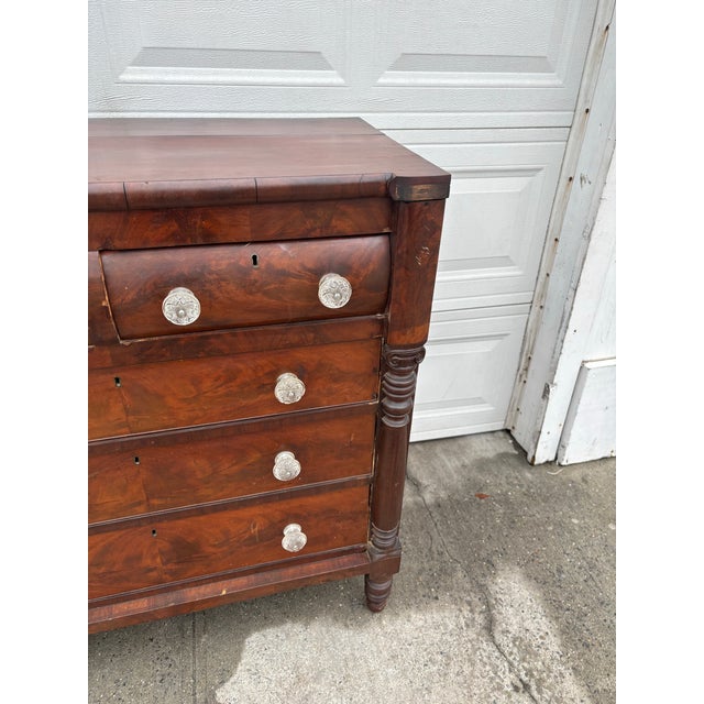 Brown Antique American Empire Chest of Drawers | 5 Drawer Mahogany Veneer Dresser | 19th Century Early American Bedroom Furniture | Solid Wood For Sale - Image 8 of 12