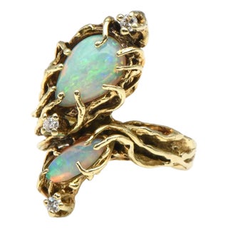 14KY Vintage Opal(3.86) & Diamond(0.12) Statement Ring, size 6.75 For Sale