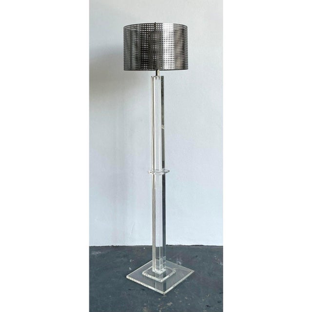 Late 20th Century Vintage Boho Lucite Floor Lamp With Perforated Metal Shade For Sale - Image 5 of 7