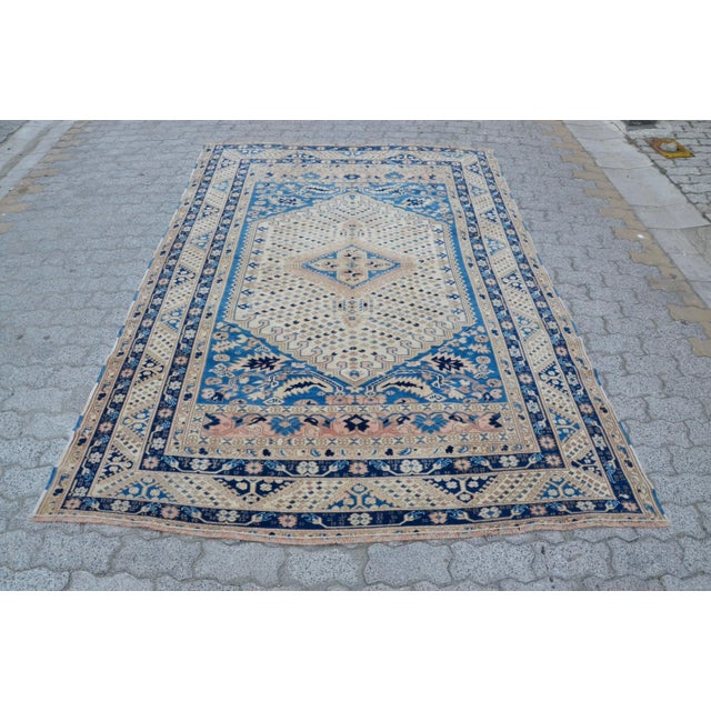 Tan and Blue Colour Turkish Rug For Sale - Image 11 of 11