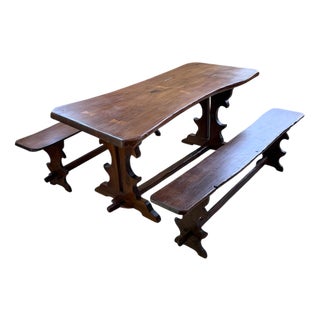 Walnut Table Set and Benches, 1890s, Set of 3 For Sale