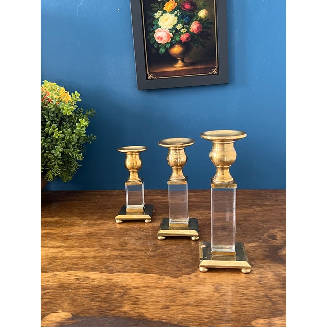 1960’s Brass & Lucite Candlestick Holders Set of 3 For Sale In New York - Image 6 of 18