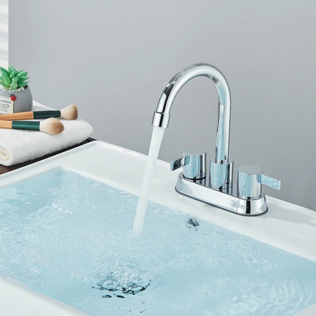 Chrome Bathroom Sink Faucet 3 Holes 4in Centerset Basin Vanity Mixer With Drain For Sale - Image 10 of 12