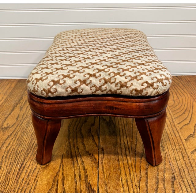 Mid 20th Century Mid 20th Century Vintage Footstool With Curved Wood Legs and Mid-Century Jacquard Upholstery For Sale - Image 5 of 8