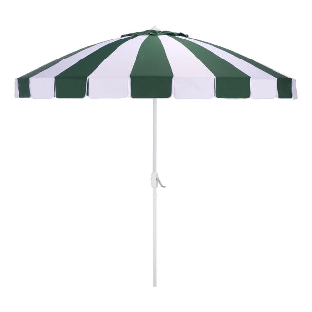 Buti 9 Ft Crank Umbrella, Green Cabana Stripe/White Pole For Sale