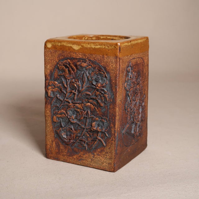 Mid-Century Modern Late 20th Century Handcrafted Studio Ceramic Stoneware Vase With Rust-Glazed Finish and Detailed Floral Motifs For Sale - Image 3 of 12