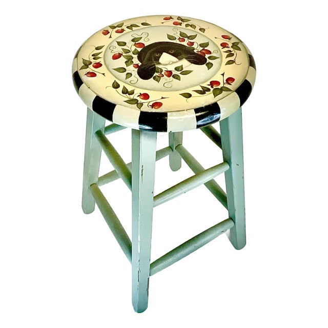 1970s Vintage Makenzie Childs' Style Arts & Crafts Painted Bunny Bar Stool For Sale