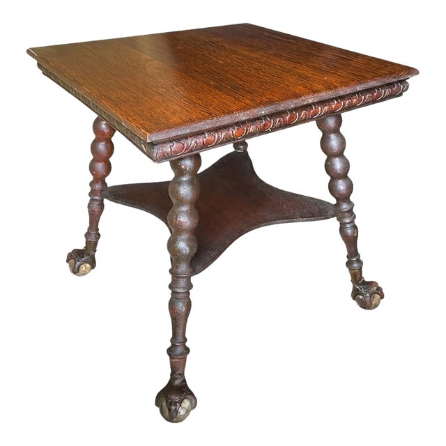 Late 19th Century Arts and Crafts Era Oak Side Table With Huge Metal and Glass Ball-and-Claw Feet For Sale