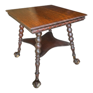 Late 19th Century Arts and Crafts Era Oak Side Table With Huge Metal and Glass Ball-and-Claw Feet