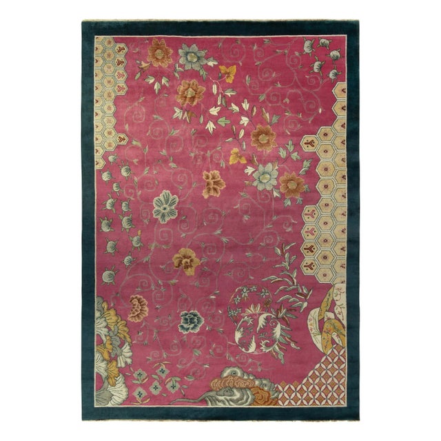 Rug & Kilim Chinese Style Art Deco Rug in Pink with Blue Border, Gold Florals - 9'x12' For Sale In New York - Image 6 of 6