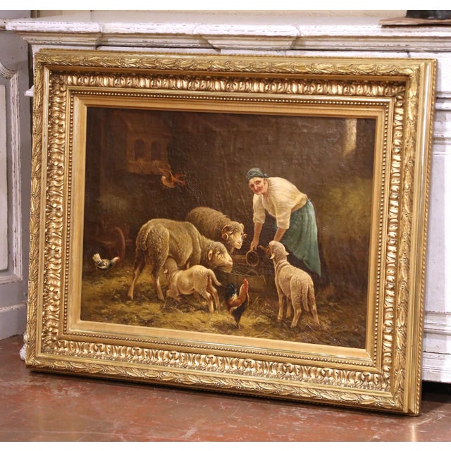 This impressive oil on canvas, painted in France circa 1870, captures a lively farmyard scene where an elderly woman tends...