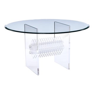 Clear Lucite Acrylic Pedestal Dining Table With Round Glass and Prism Center For Sale