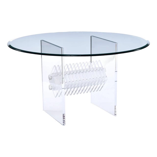 Clear Lucite Acrylic Pedestal Dining Table With Round Glass and Prism Center For Sale