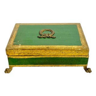 Vintage Italian Gilt and Green Painted Box With Metal Lion Paw Feet and Metal Laurel Wreath For Sale