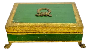 Vintage Italian Gilt and Green Painted Box With Metal Lion Paw Feet and Metal Laurel Wreath