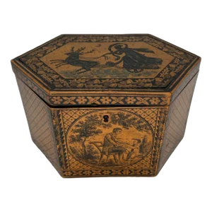 C. 1870 Antique English Tunbridge Ware & Penwork Regency Tea Caddy Box