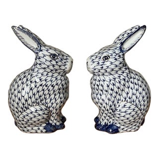 Late 20th Century Large Herend-Style Fishnet Bunny Rabbit Figurines Blue Hand Painted, a Pair For Sale