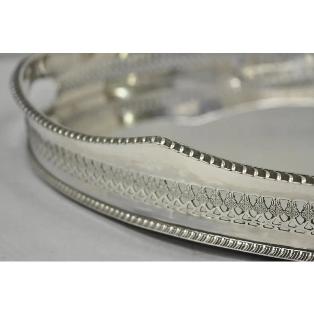 Traditional Antique English Edwardian Silver Plated Oval Bar Serving Tray W/ Raised Gallery For Sale - Image 3 of 12