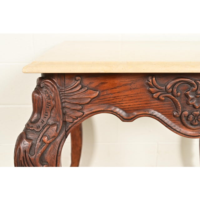 Wood Ralph Lauren French Rococo Louis XV Carved Oak Marble Top Tea Table or Center Table For Sale - Image 7 of 10
