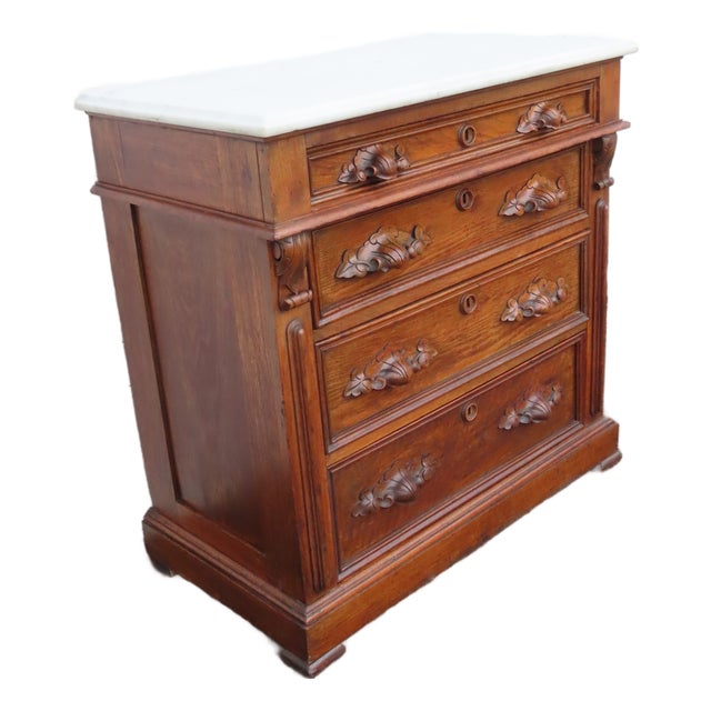 Victorian Eastlake Late 1800s Carved Marble Top Small Dresser Chest 6399 For Sale