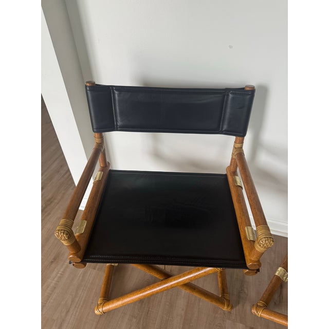Mid-Century Modern Pair of Vintage McGuire San Francisco Director Chairs in Black Leather and Oak For Sale - Image 3 of 12