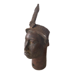 Vintage Lg Benin Bronze Head of King Oba Sculpture Nigeria African 22" H