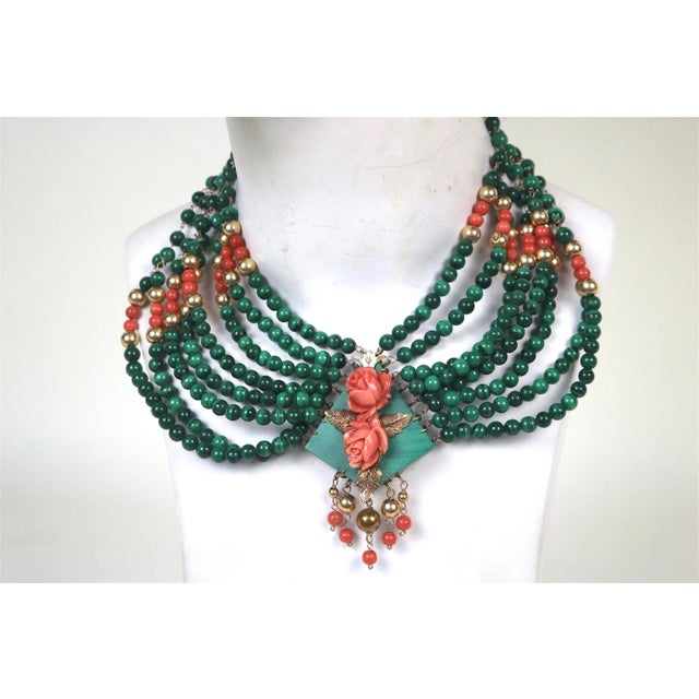 Early 20th Century Early 20th Century 14k Gold Eight Strand Malachite, Coral Collar Necklace-Stunning For Sale - Image 5 of 7