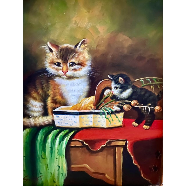 Victorian Mid 20th Century Oil on Board Painting of Playful Kittens - Signed 'Scott' (After Jules Leroy) in Ornate Gold Toned With Black Accent Frame. For Sale - Image 3 of 18