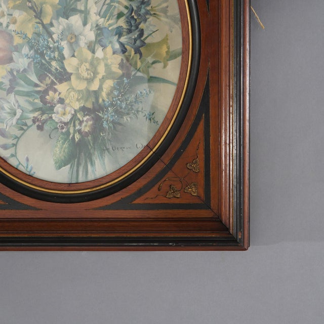 Art Deco Pair of Deep Walnut Ebonized, Incised & Gilt Frames Housing Floral Prints C1890 For Sale - Image 3 of 12