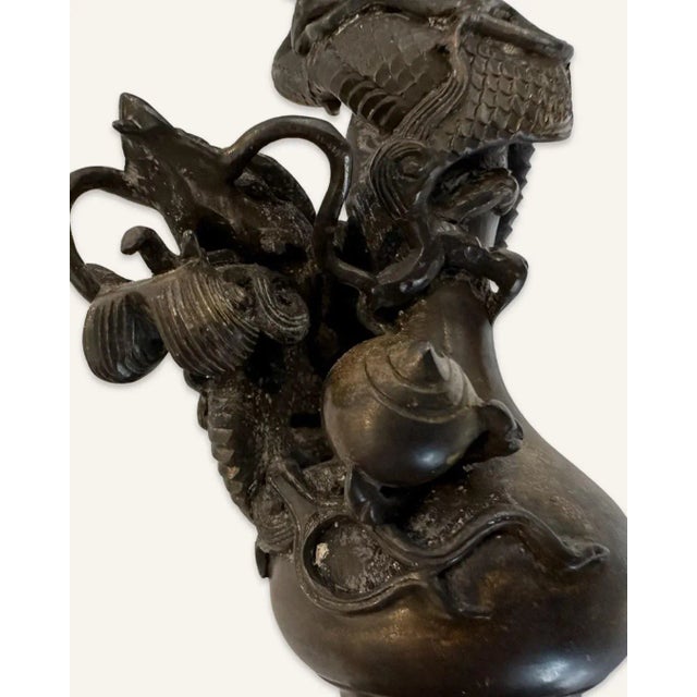 Late 19th Century Pair of Late 19th Century Bronze Chinese Pricket Candle Holders Featuring the Imperial Dragon Chasing the Flaming Pearl of Immortality For Sale - Image 5 of 13